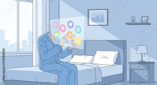 Person interacting with futuristic transparent screen interface in a bedroom setting