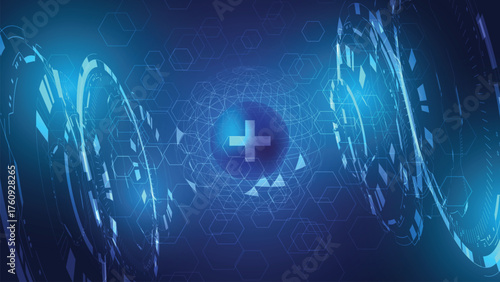 Futuristic medical technology background with HUD interface elements, global network connections, and glowing digital science innovation concepts for healthcare and medicine.