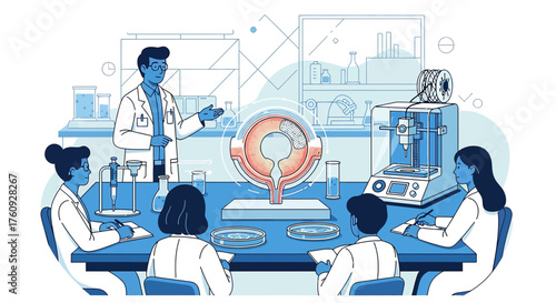 Scientific advancement meeting illustration showcasing eye research and 3D printing technology