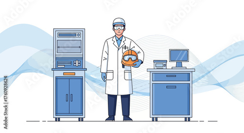 Scientist in Laboratory Holding Safety Helmet Surrounded by Research Equipment in a Cleanroom