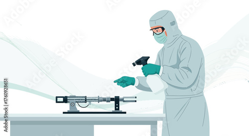 Scientist in PPE Spraying and Disinfecting Equipment in a Laboratory Setting