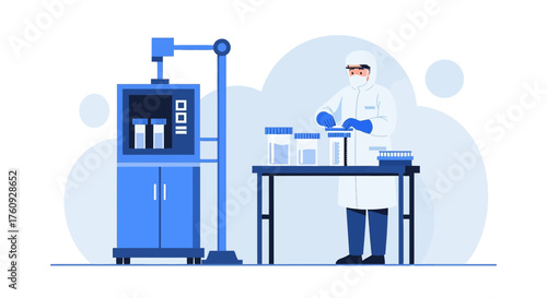 Scientist in clean suit working with samples in laboratory for medical research