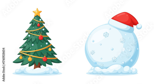 Cartoon Christmas Tree with Ornaments and Snowman with Santa Hat.