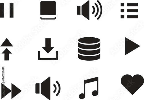 Collection of essential user interface symbols representing media control and actions