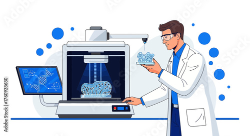 Scientist inspecting 3D printed model with printer in laboratory setting depicting technological