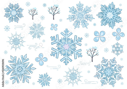 Beautiful Watercolor Snowflakes in Various Sizes and Detailed Designs.