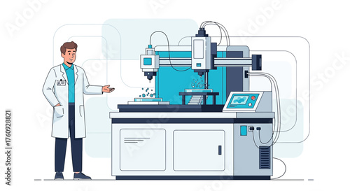 Scientist presenting advanced medical equipment in a modern laboratory setting for innovative