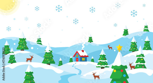 Cartoon Winter Landscape with Decorated Christmas Trees Snowflakes and Cozy House.