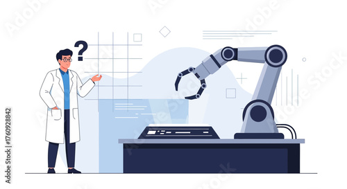 Scientist puzzled by robotic arm malfunction in futuristic laboratory environment