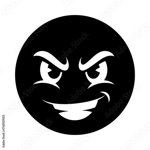 Flat Black Evil Emoticon Face with Sharp Grin Vector Illustration