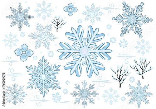 Detailed Vector Illustration of Various Blue and White Snowflakes.