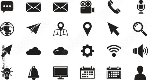 Collection of modern communication and technology icons in black and white