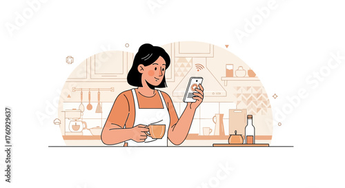 Woman Enjoying Coffee and Smart Home Automation in a Modern Kitchen Illustration