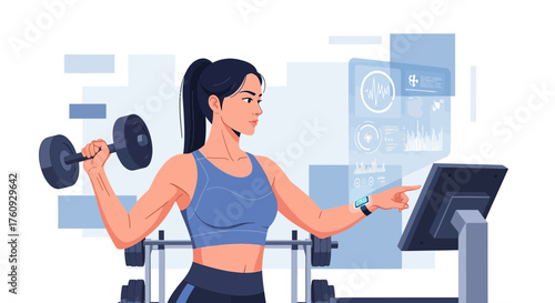 Woman exercising with dumbbells using technology for fitness tracking and health monitoring