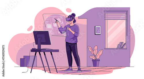 Woman experiencing augmented reality interface in her home using VR headset vector