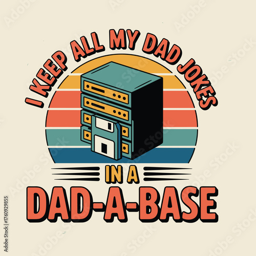 Retro computer server with floppy disk and dad joke text