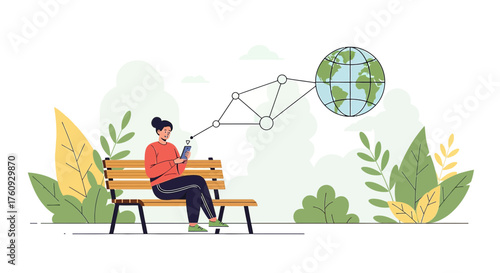 Woman Using Smartphone on Bench with Global Network Connection Illustration
