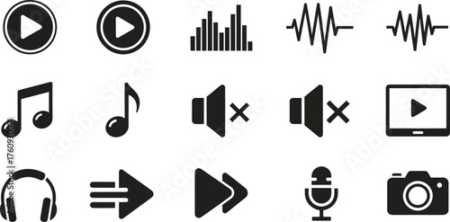 Collection of Multimedia Icons in Black and White Vector Design