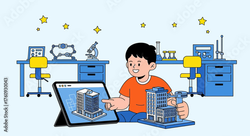 Young aspiring architect virtually designing a building with technology and model