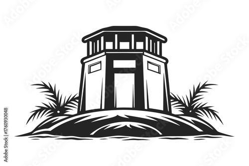 Isolated black lifeguard tower stands overlooking the sea with palm tree surroundings on the beach