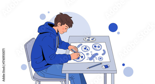 Young man drawing microscopic organisms for biology class at his desk in a classroom