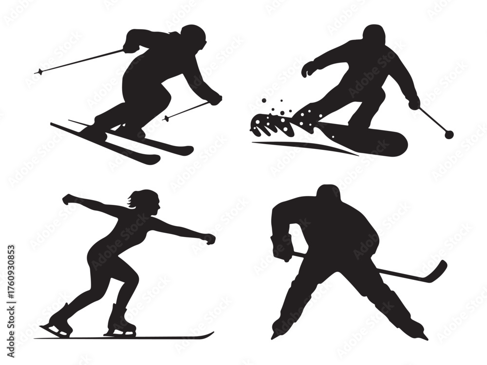 Fototapeta premium Silhouettes of winter sports athletes skiing snowboarding ice skating and hockey