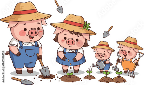 Happy pig family planting in the garden wearing straw hats and overalls