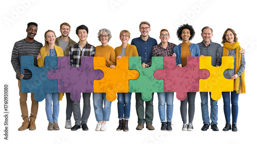 Diverse Group of People Holding Colorful Puzzle Pieces Together