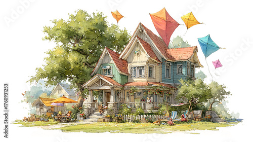Charming Colorful House Surrounded by Trees and Colorful Kites