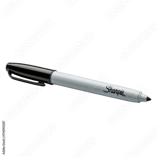 Black Sharpie marker with white barrel isolated on a transparent background