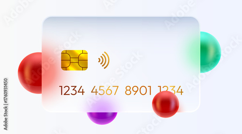 Modern frosted glass credit card with EMV chip and contactless payment symbol. Abstract payment concept. Vector illustration
