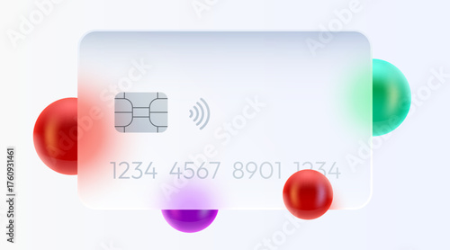 Modern frosted glass credit card with EMV chip and contactless payment symbol. Abstract payment concept. Vector illustration