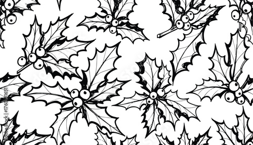Seamless pattern of handdrawn holly leaves and berries in black and white, perfect for festive holiday designs and winter themes