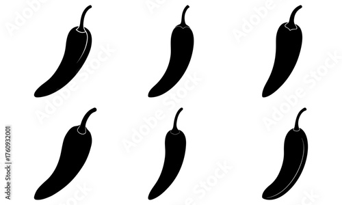 Silhouette illustration of six chili peppers arranged in two rows on a white background