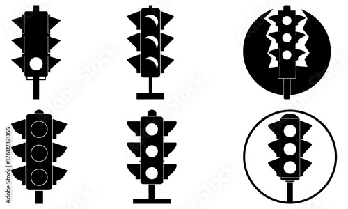Collection of six traffic light illustrations in black and white with varying designs and orientations
