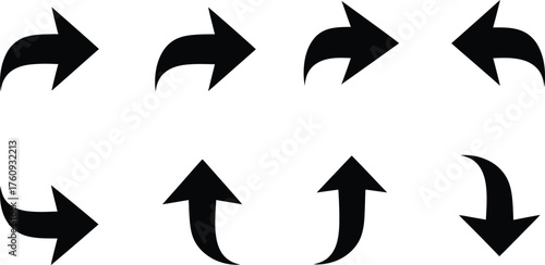 Arrow Set with Curve Tail on White Background, Directional Signs, Navigation Icons