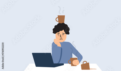 Man tired, exhausted at work in sleepy face working illustration