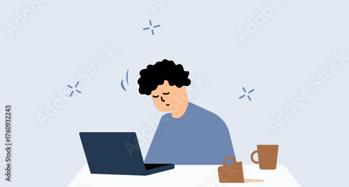 Man tired, exhausted at work in sleepy face working illustration