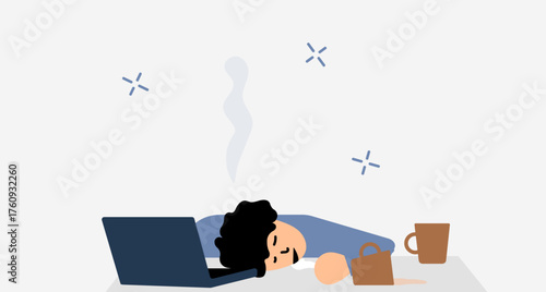 Man tired, exhausted at work in sleepy face working illustration