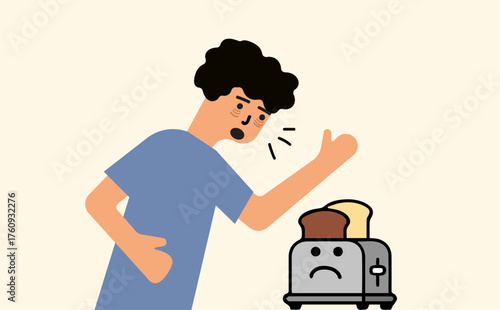 Man yelling at toaster, frustated state comic illustration