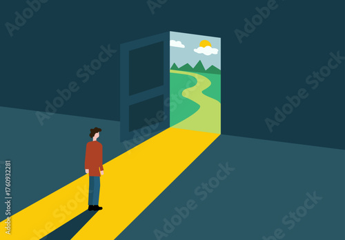 Dark room with door opening natural landscape illustration
