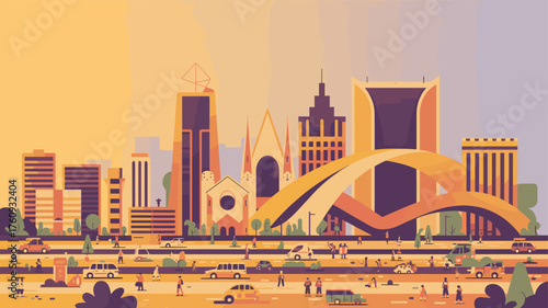 An illustrated cityscape with buildings and transport.