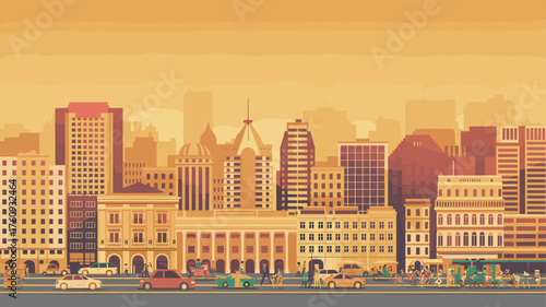 Cityscape silhouette in a warm, hazy ambiance.