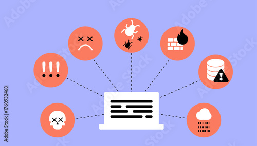 Various malware and programs corrupting personal computer illustration