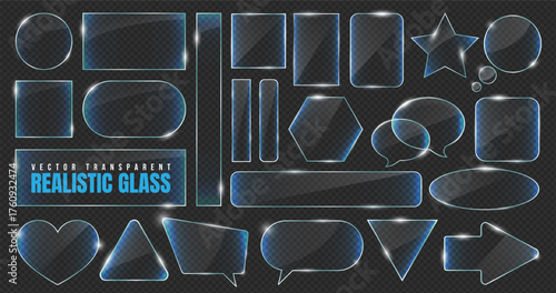 Collection of realistic transparent glass, mirror and plastic frame for mobile phone UI UX or business website interface. Hologram icon of crystal star, speech bubble or heart with holographic texture