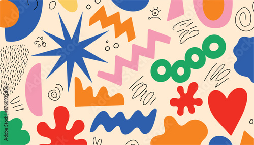 Vibrant abstract pattern with colorful organic shapes, geometric elements, and playful doodles on a light background, evoking a sense of fun and creativity