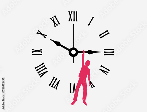 Person hanging in minute hand, time management struggle illustration