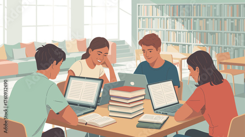 Four students collaborating and studying with books and laptops.