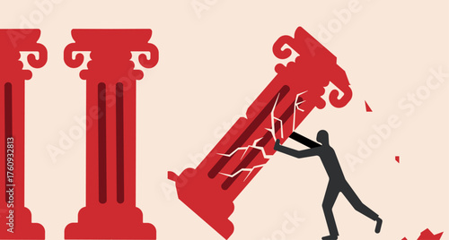 Person stopping fall of pillar breaking, preventing disorder of law illustration