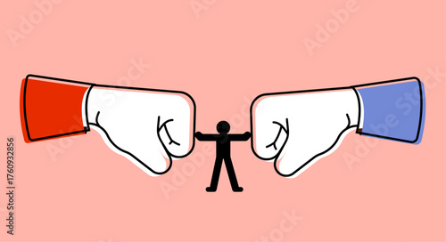 Small person standing in middle and stopping two forceful fist illustration